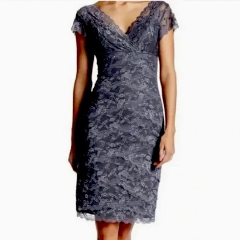 Marina Gunmetal Gray Sequins Beaded Lace Overlay Cap Sleeve Tiered Dress SZ 6